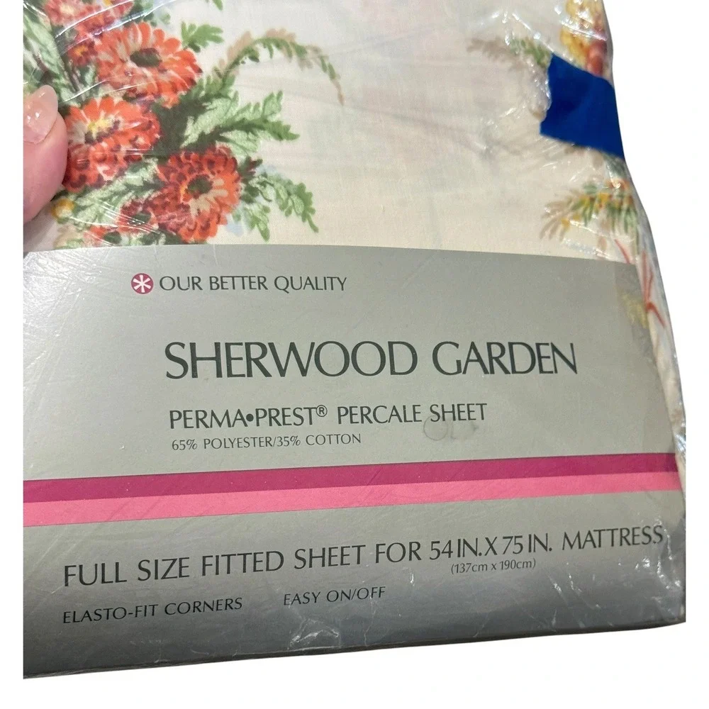 Vintage 70s Garden Full Sheet Set Flat Fitted Percale Floral Perma Prest Cottage